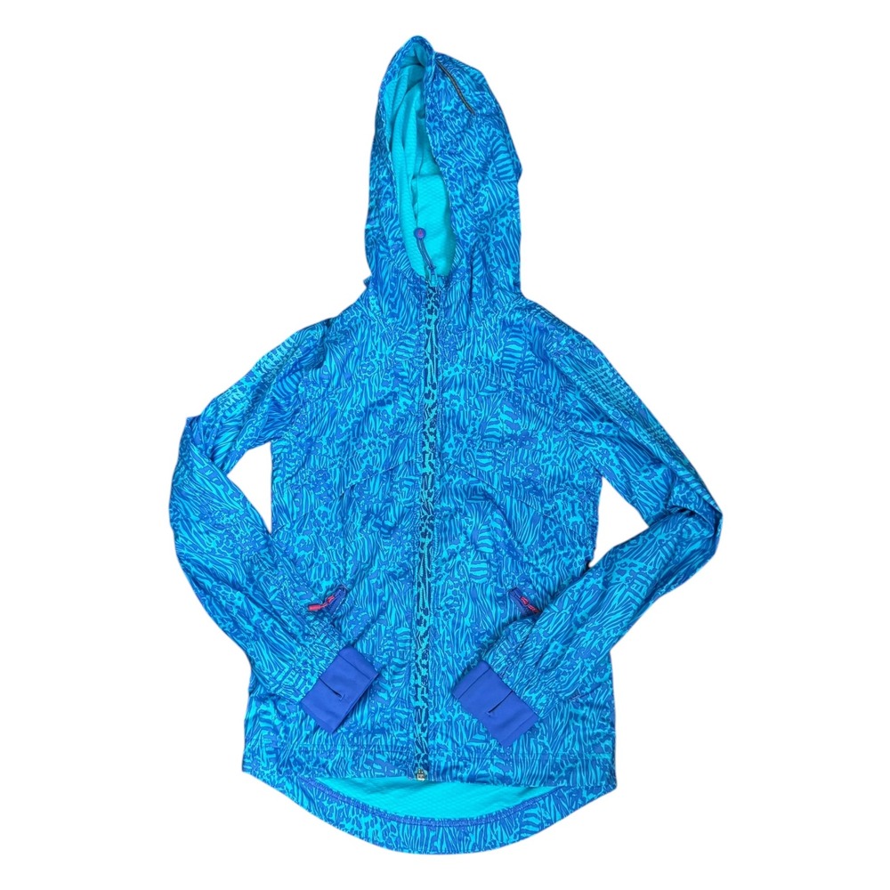Ivivva Sprint Speed Windbreaker Athletic Hooded Jacket Blue Print‎ Girls Size 7
